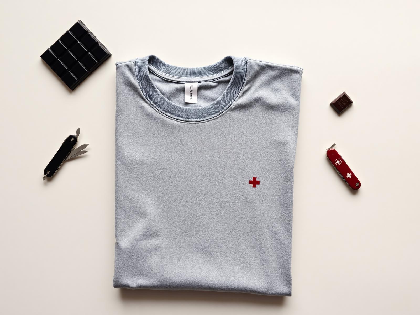 Schweizer Merch Flatlay mit gefaltetem T-Shirt, Schokolade und Sackmesser